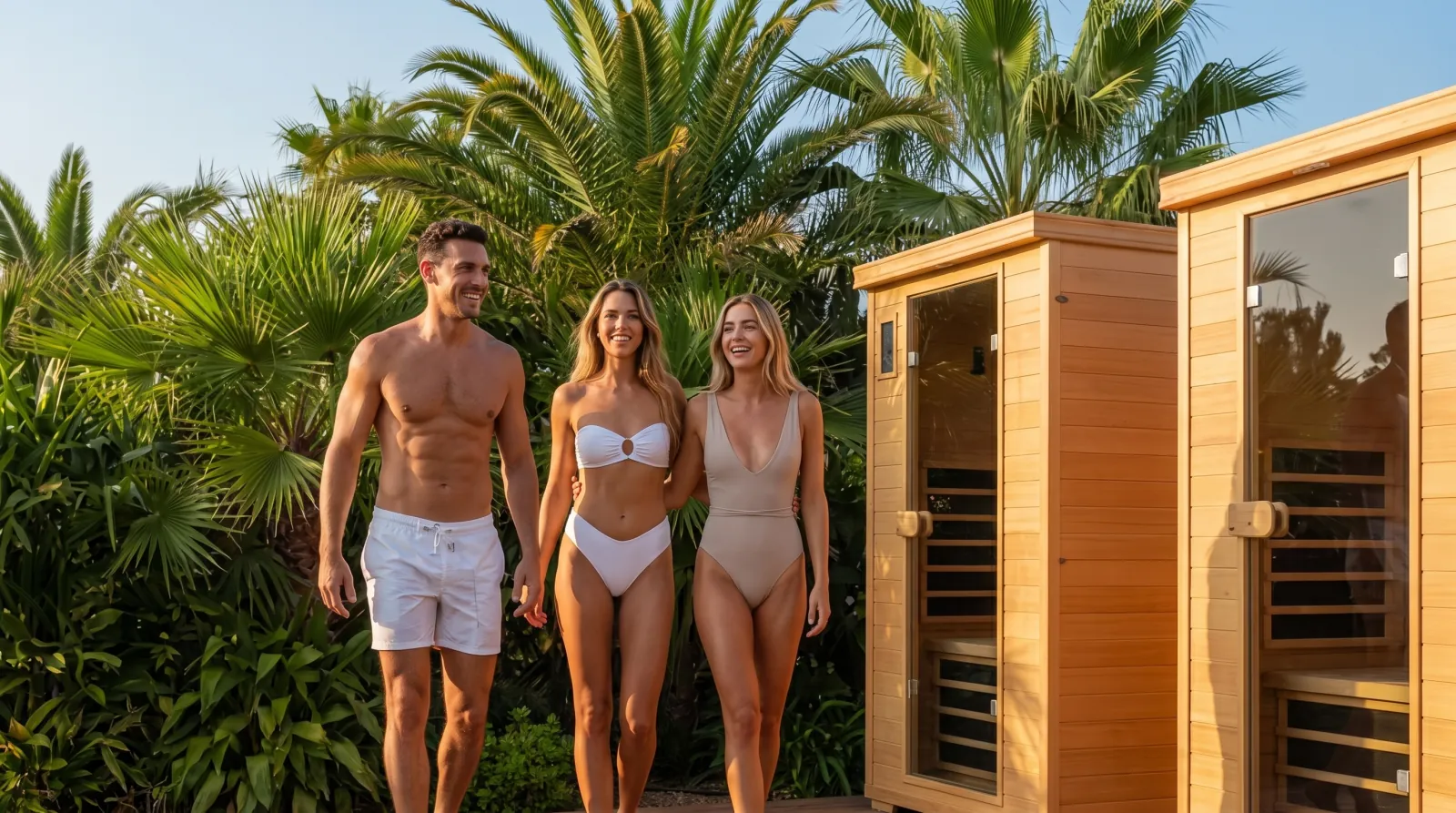 Dış mekanda sauna kabinleri yanında yürüyen insanlar