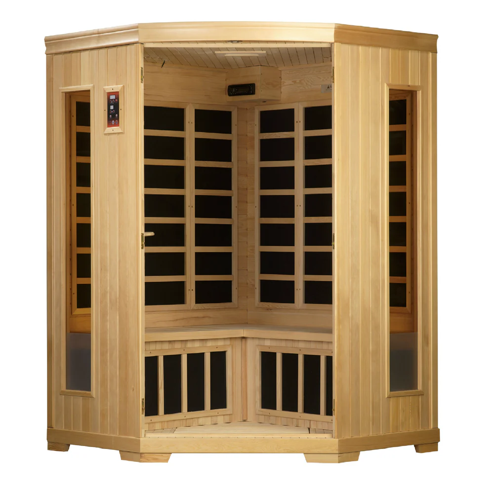 Üç kişilik hemlock gövdeli Işık Serisi infrared sauna, kırmızı ışık modu açık